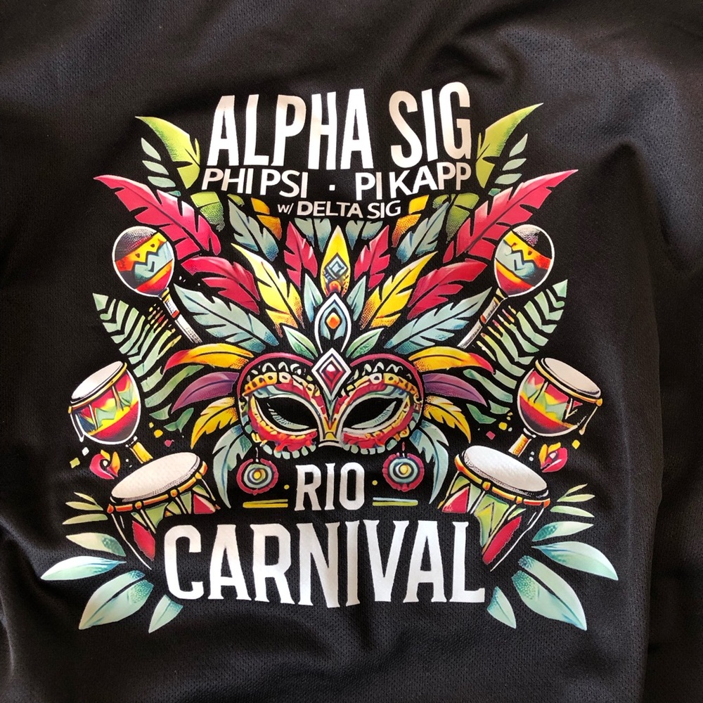 NEW Greek Rio Carnival Black Tee Mask Mardi Gras Design Alpha Sig Phi Psi PiKapp
